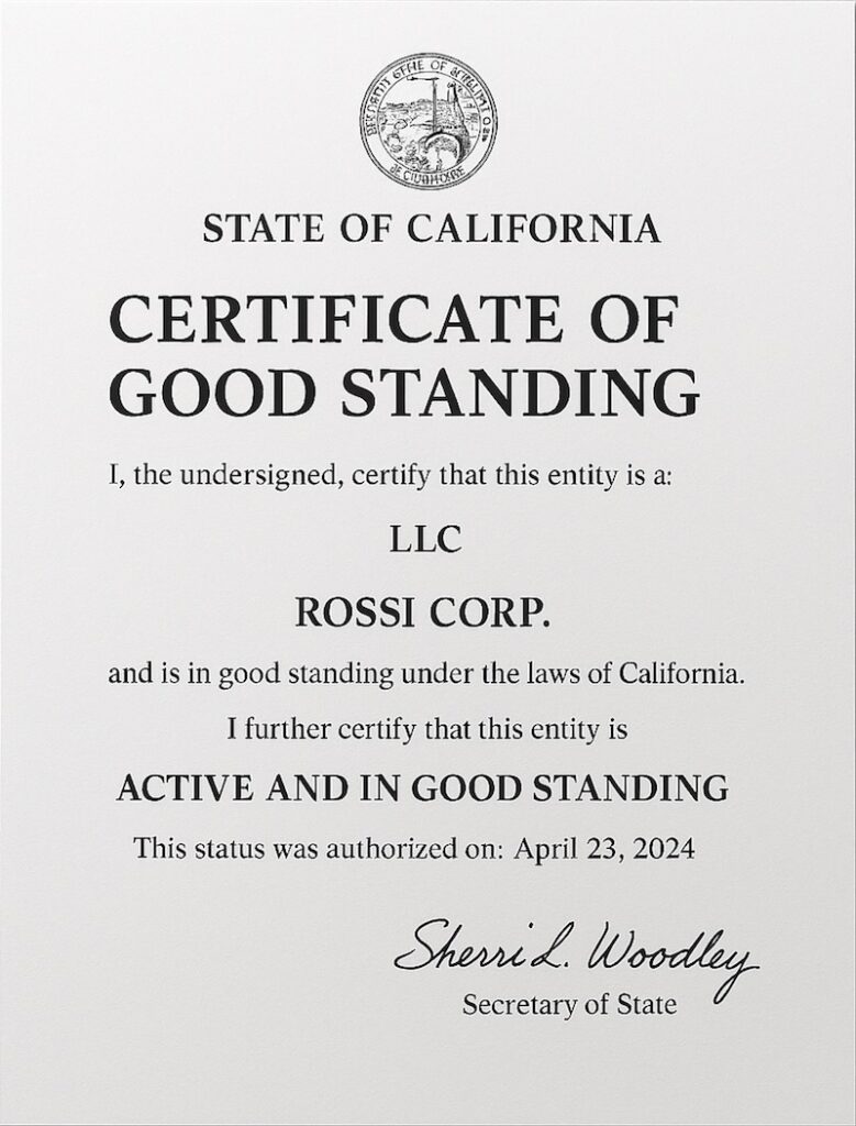 Certificate of Good Standing USA per LLC e Corporation